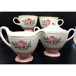 Cunningham & Pickett NORWAY ROSE Creamer Sugar Bowl 2 Tea Cups Homer Laughlin